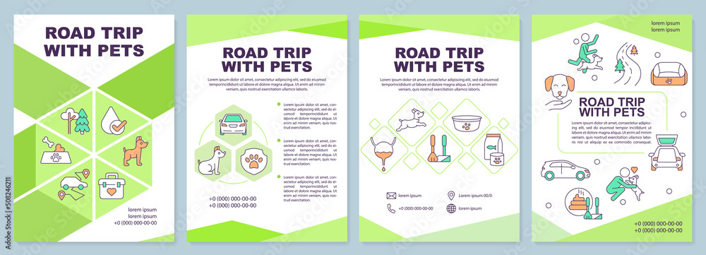 Road trip with pets brochure template. Car travel. Leaflet design with linear icons. Editable 4 vector layouts for presentation, annual reports. Arial-Black, Myriad Pro-Regular fonts used