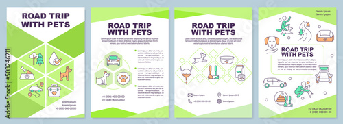 Road trip with pets brochure template. Car travel. Leaflet design with linear icons. Editable 4 vector layouts for presentation, annual reports. Arial-Black, Myriad Pro-Regular fonts used