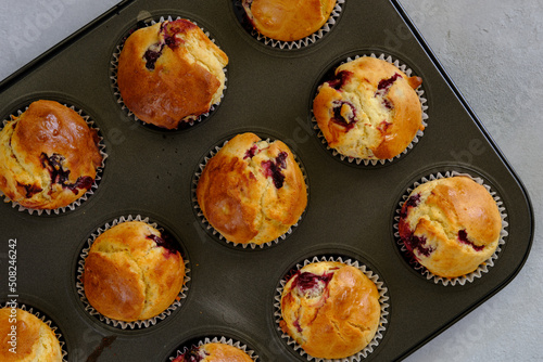 Fragrant lemon muffins with cherry in the form for baking on a gray background