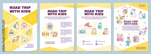 Road trip with kids brochure template. Car travel. Leaflet design with linear icons. Editable 4 vector layouts for presentation, annual reports. Arial-Black, Myriad Pro-Regular fonts used