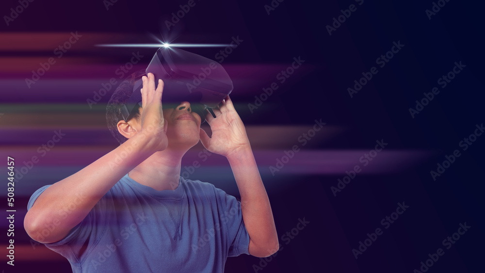 Man wearing VR virtual reality Headset virtual Global Internet connection metaverse. Man wearing VR virtual reality Headset virtual Global Internet connection metaverse.