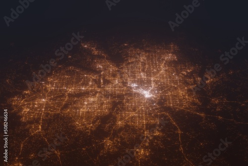 Aerial shot of Dallas and Fort Worth (Texas, USA) at night, view from south. Imitation of satellite view on modern city with street lights and glow effect. 3d render