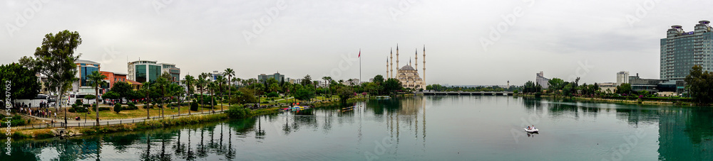 14 May 2022 Adana Turkey. Sabanci mosque and Seyhan river on a cloudy day 14 May 2022 Adana Turkey. Sabanci mosque and Seyhan river on a cloudy day