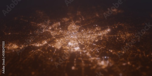 Street lights map of Warsaw (Poland) with tilt-shift effect, view from west. Imitation of macro shot with blurred background. 3d render, selective focus