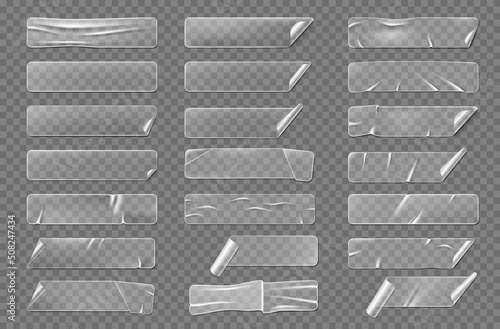 Transparent rectangular adhesive stickers with shadow, isolated.