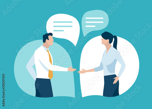 Compromise, deal, agreement. A couple stretches out their hands to shake hands, standing in speech bubbles. Vector illustration