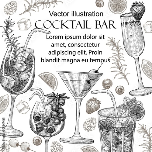 Vector illustration of cool drinks banner template in engraving style. Graphic linear aperol spritz, mojito, strawberry champagne, berry cocktail, martini