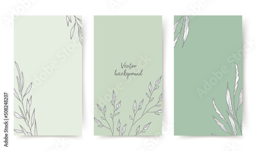 Floral background. Set of templates with plant elements. Graphic leaves, branches, herbs.   Editable vector banner for social media post, card, cover, invitation,
poster, mobile apps, web ads