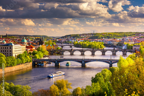 Print op canvas Amazing spring cityscape, Vltava river and old city center from Letna park, Prague, Czechia
