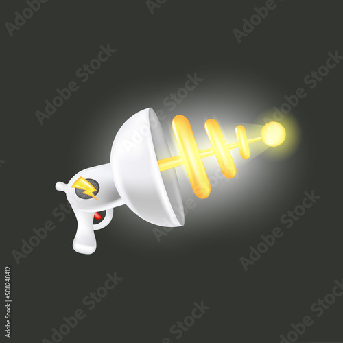 Cartoon super space energy blaster isolated on grey background. Retro game label or icon with vintage space laser pistol gun. Tesla electric coil gun