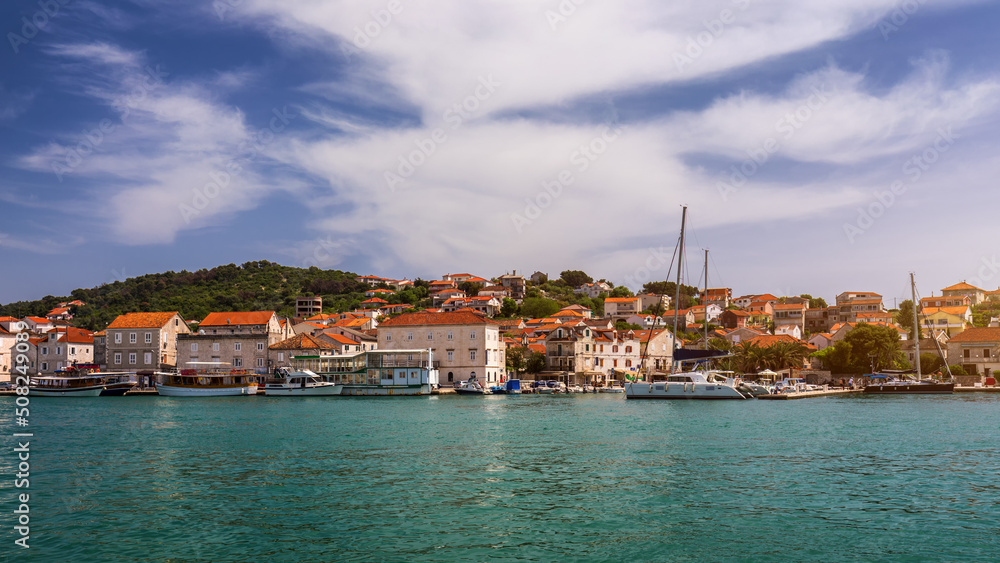 View at town Trogir, old touristic place in Croatia Europe. Trogir town coastal view. Magnificent Trogir, Croatia. Sunny old Venetian town, Dalmatian Coast in Croatia. View at town Trogir, old touristic place in Croatia Europe. Trogir town coastal view. Magnificent Trogir, Croatia. Sunny old Venetian town, Dalmatian Coast in Croatia.