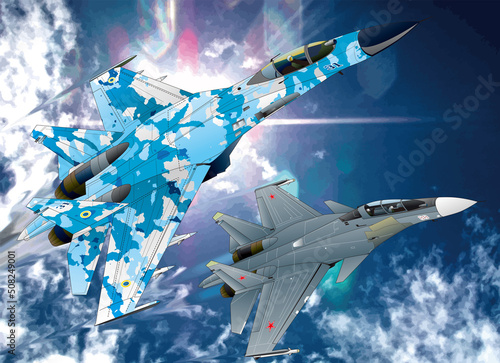 Photo Ukraina blue camouflaged Sukhoi SU-27 and Russian gray SU30 jet fighters face off illustration, with strong sun shine background