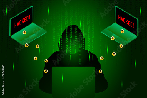 Hacker attack on cryptocurrencies. Cybersecurity concept with hacker and the hacked laptops.