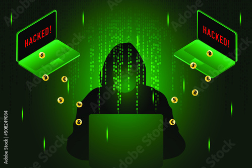 Hacker attack on cryptocurrencies. Cybersecurity concept with hacker and the hacked laptops.