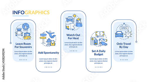 Road trip advices rectangle infographic template. Car travel. Data visualization with 5 steps. Editable timeline info chart. Workflow layout with line icons. Lato-Bold, Regular fonts used