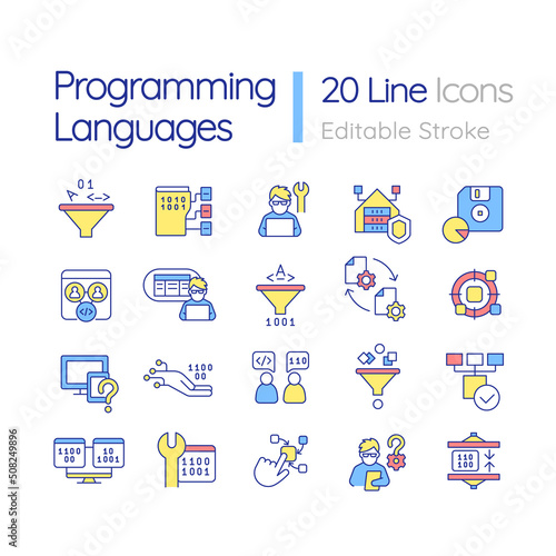 Programming languages RGB color icons set. Writing code. Computer science. Isolated vector illustrations. Simple filled line drawings collection. Editable stroke. Quicksand-Light font used