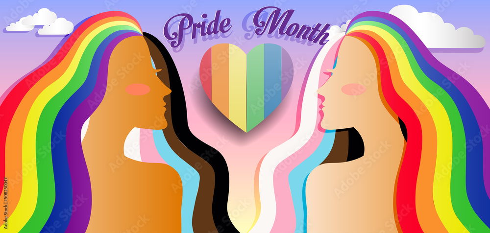 LGBTQ Pride Month. Cut colored paper, heart, and woman couples symbolizing the month of pride. 