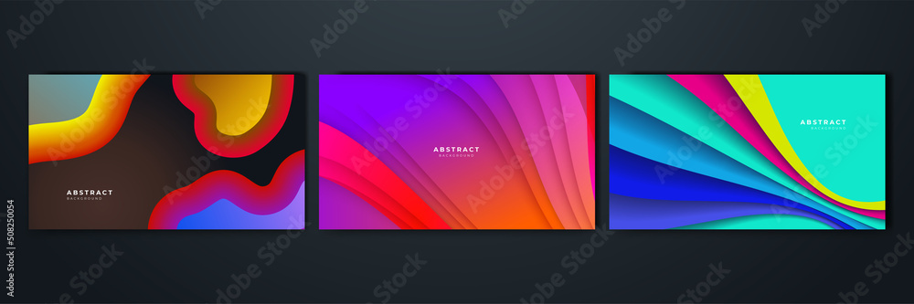 Set of gradient flowing geometric pattern background texture for poster cover design. Minimal color abstract gradient banner template. Modern vector wave shape for brochure