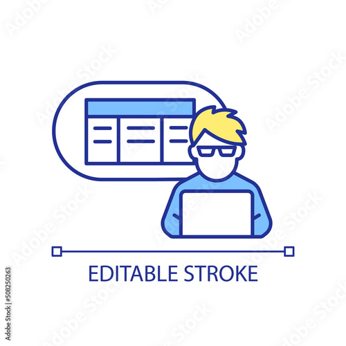 Working with spreadsheets RGB color icon. Technical specialist skills. Professional engineer. Isolated vector illustration. Simple filled line drawing. Editable stroke. Arial font used