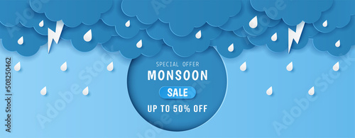 Paper cut of monsoon sale offer banner template with clouds, rain drop and lightning on blue background. Vector illustration