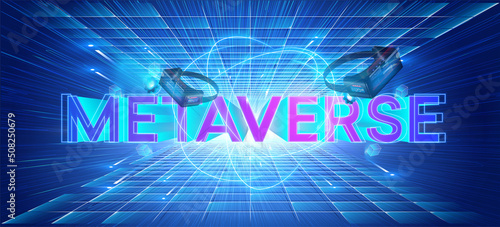 Abstract background with 3D metaverse text  in futuristic environment background. Metaverse, virtual reality, augmented reality and blockchain technology, template, page layout. Vector illustration