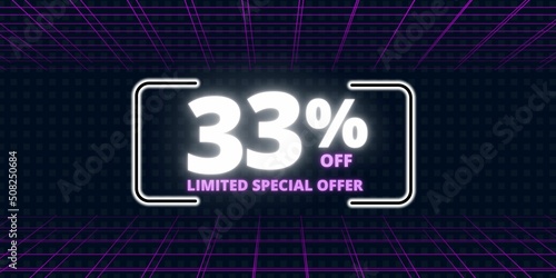 33% off limited special offer. Banner with thirty three percent discount on a black background with white square and purple