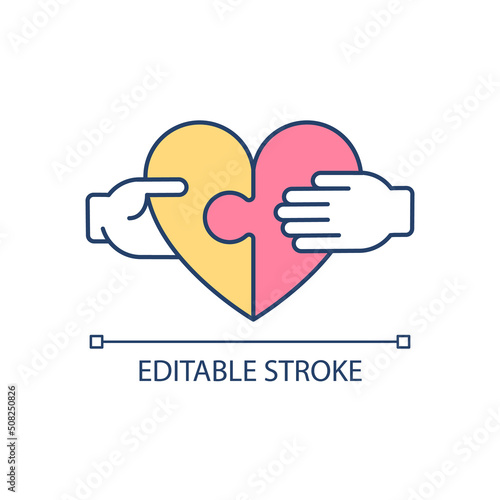 Sharing kindness and love RGB color icon. Humanitarian organization. Empathy ability. Express concern. Isolated vector illustration. Simple filled line drawing. Editable stroke. Arial font used
