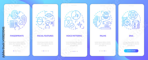 Biometric technology blue gradient onboarding mobile app screen. Digital ID walkthrough 5 steps graphic instructions with linear concepts. UI, UX, GUI template. Myriad Pro-Bold, Regular fonts used
