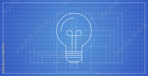 Architectural blueprint and bulb horizontal technical drawing flat illustration.