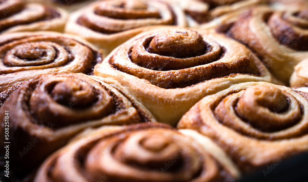 Fototapeta premium Freshly baked cinnabon buns. Homemade bakery. Traditional American dessert. Close-up. Selective focus.