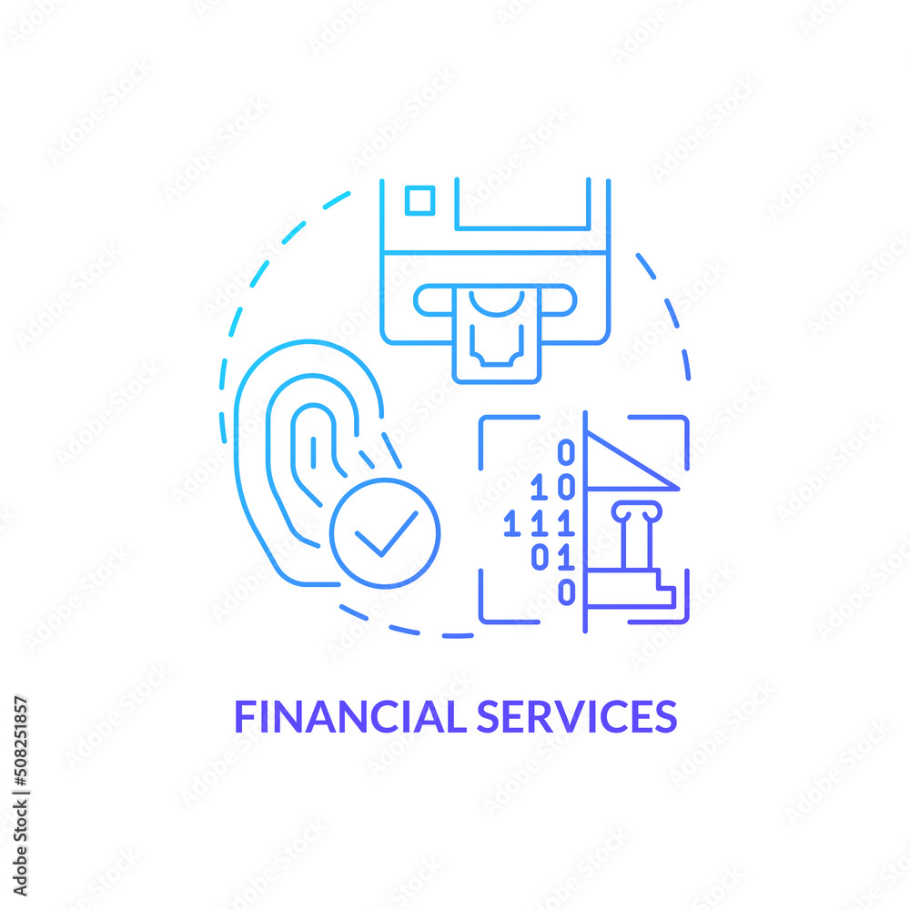 Financial services blue gradient concept icon. Biometric technology usage abstract idea thin line illustration. Payments and transfers. Isolated outline drawing. Myriad Pro-Bold font used Financial services blue gradient concept icon. Biometric technology usage abstract idea thin line illustration. Payments and transfers. Isolated outline drawing. Myriad Pro-Bold font used