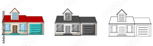 Country house illustration set cartoon style. Building exterior of country house. Cute houses design