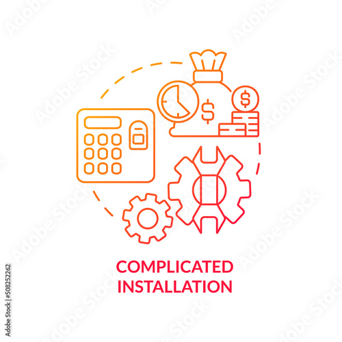 Complicated installation red gradient concept icon. Biometric authentication drawback abstract idea thin line illustration. Expensive system. Isolated outline drawing. Myriad Pro-Bold font used