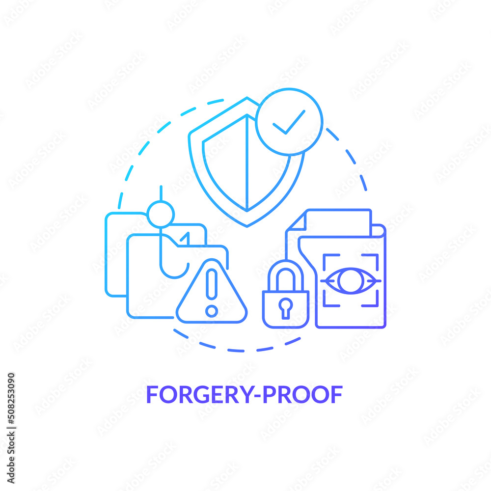 Forgery-proof blue gradient concept icon. Biometric data advantage abstract idea thin line illustration. Authentication mechanism security. Isolated outline drawing. Myriad Pro-Bold font used