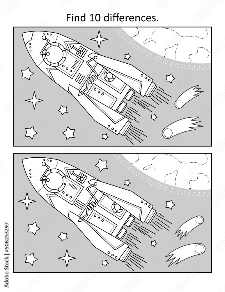 Spaceship or rocket in outer space. Find 10 differences picture puzzle ...