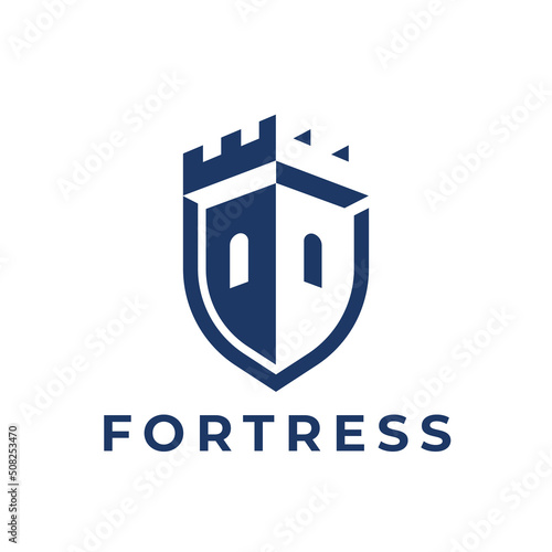 Castle shield logo. Secure fort icon. Fortress crest emblem. Vector illustration.