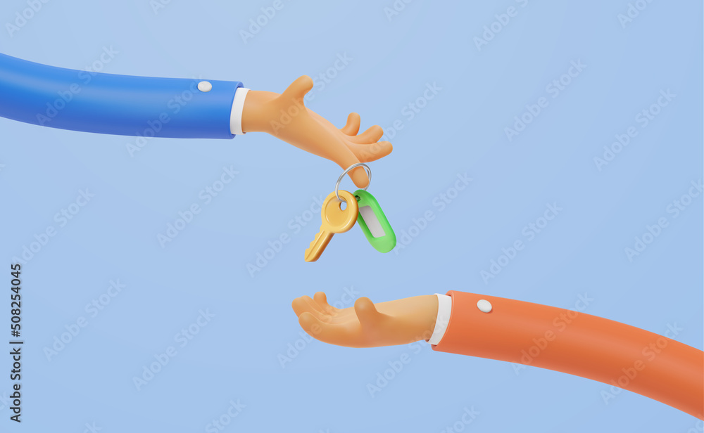 Fototapeta Real estate agent give keys to buyer vector illustration. 3d cartoon vector hands holding door key. Loan, mortgage or property template. Apartment rent web banner.