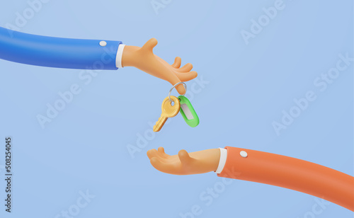 Real estate agent give keys to buyer vector illustration. 3d cartoon vector hands holding door key. Loan, mortgage or property template. Apartment rent web banner. 