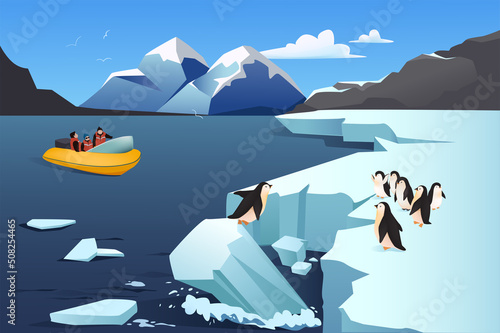 Penguins of Antarctica concept in flat cartoon design. Scientists in boat floating, penguins on ice floe on shore. Scientific research of wildlife. Vector illustration with people scene background