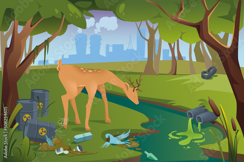 Ecological disaster in forest concept in flat cartoon design. Woods landscape with toxic waste and other trash, suffering deer and bird by dirty river. Vector illustration with people scene background