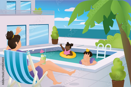 Family relaxes at swimming pool in hotel concept in flat cartoon design. Mom is sunbathing in sunbed, son and daughter are swimming in seaside resort. Vector illustration with people scene background