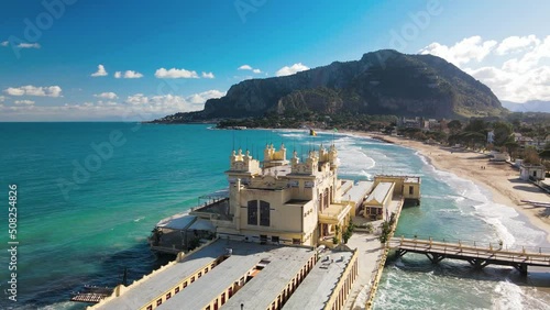 Aerial view of Mondello coastline and beach resort in Palermo, Italy photo