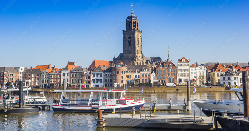 Boats at the riverbank of the IJssel river in Deventer, Netherlands
