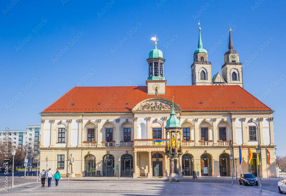 Front view of the historic town hall and church in Magdeburg, Germany