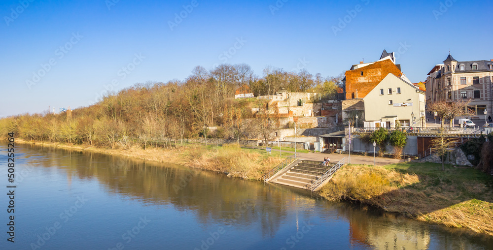 Panorama of the Saale river in the historic city of Bernburg, Germany