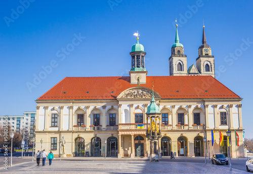 Front view of the historic town hall and church in Magdeburg  Germany
