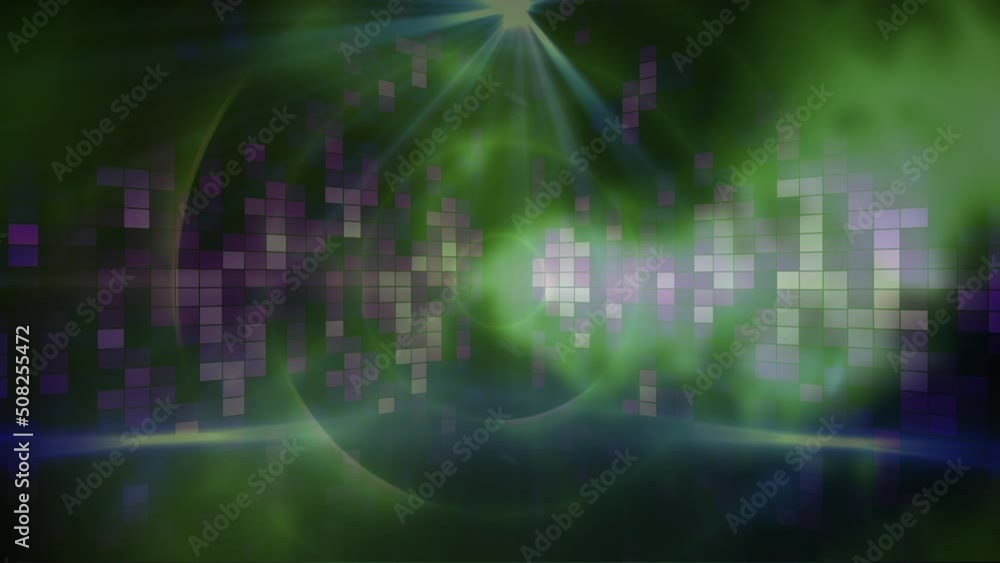 Digital animation of golden confetti falling over purple mosaic squares against black background Digital animation of golden confetti falling over purple mosaic squares against black background