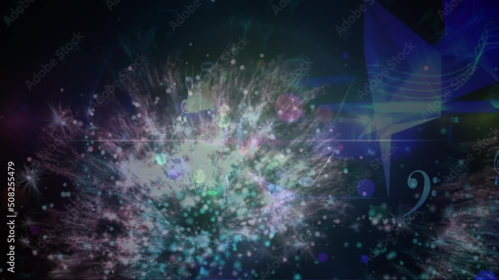 Digital animation of blue digital waves and musical elements floating against blue background Digital animation of blue digital waves and musical elements floating against blue background