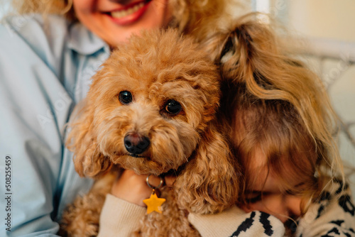 close-up portrait of a red poodle dog at home against the background of its owners: a mother with a smiling daughter
