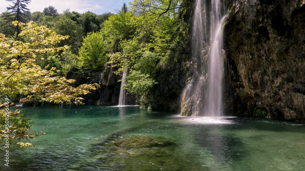 Timelapse View Of Cascading Waterfalls At Plitvice Lakes. Tilt Down Timelapse View Of Cascading Waterfalls At Plitvice Lakes. Tilt Down